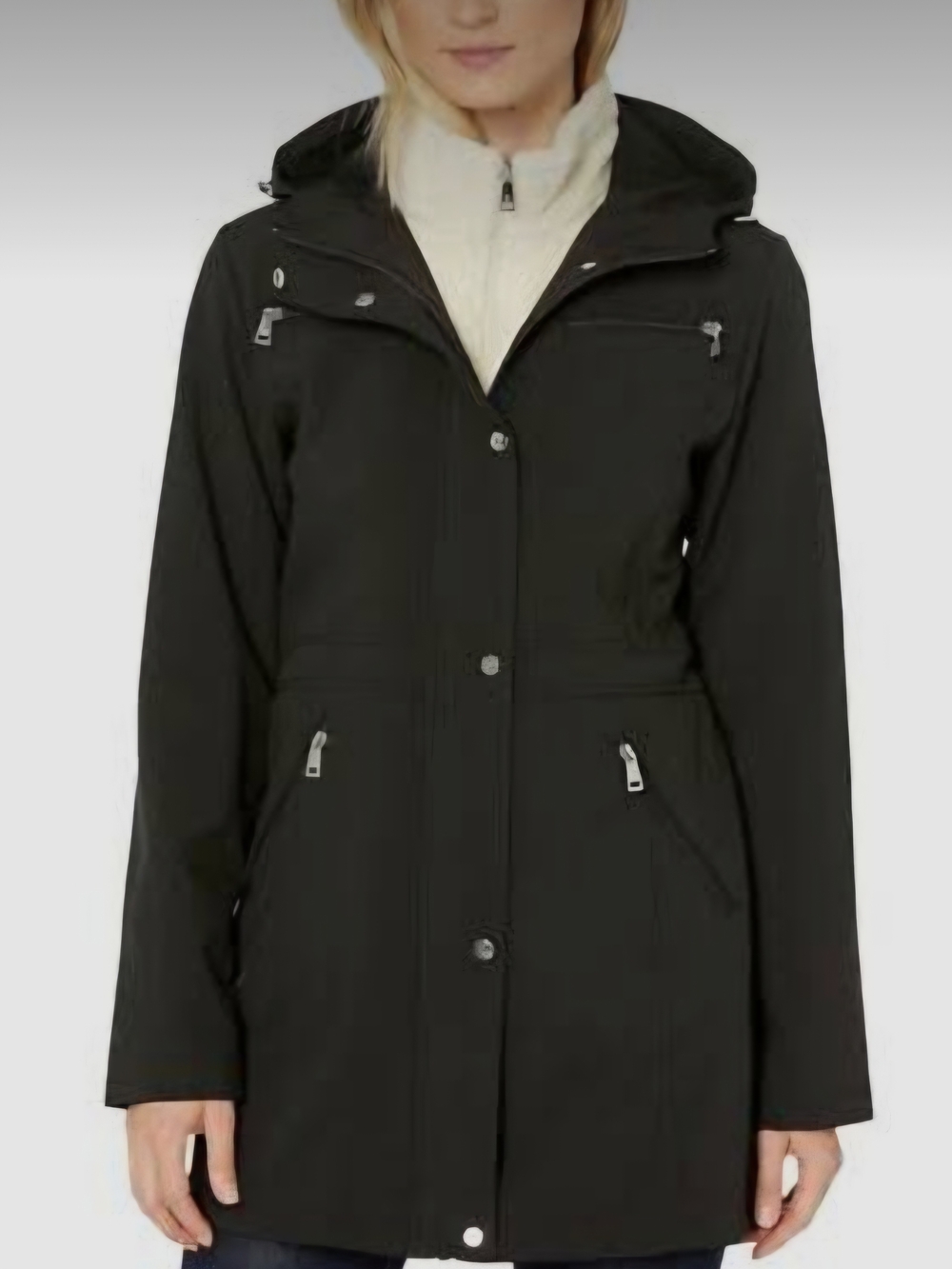 Ralph Lauren Black Hooded Trench Coat with Cream Fleece Trim